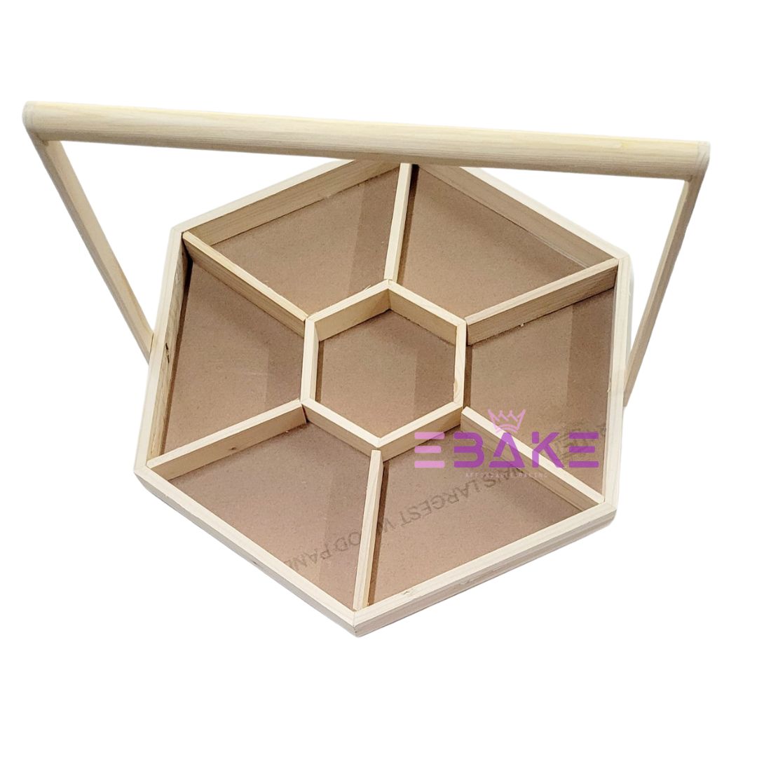 Pinewood Dry Fruit Tray / Hexagon Wooden Hamper Basket With Handle