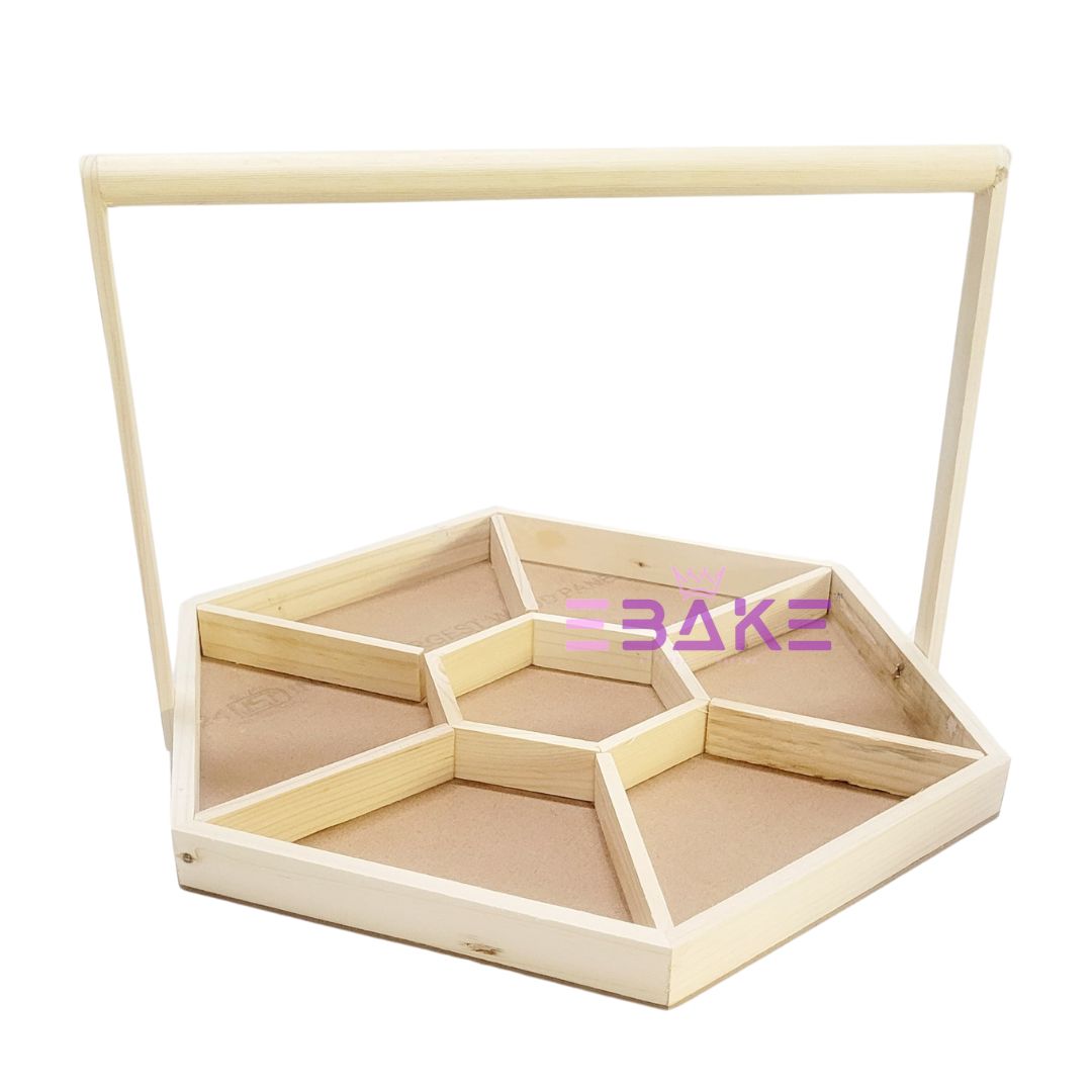 Pinewood Dry Fruit Tray / Hexagon Wooden Hamper Basket With Handle