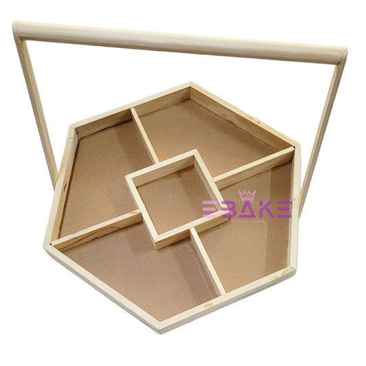 Pinewood Dry Fruit Tray / Hexagon Wooden Hamper Basket With Handle