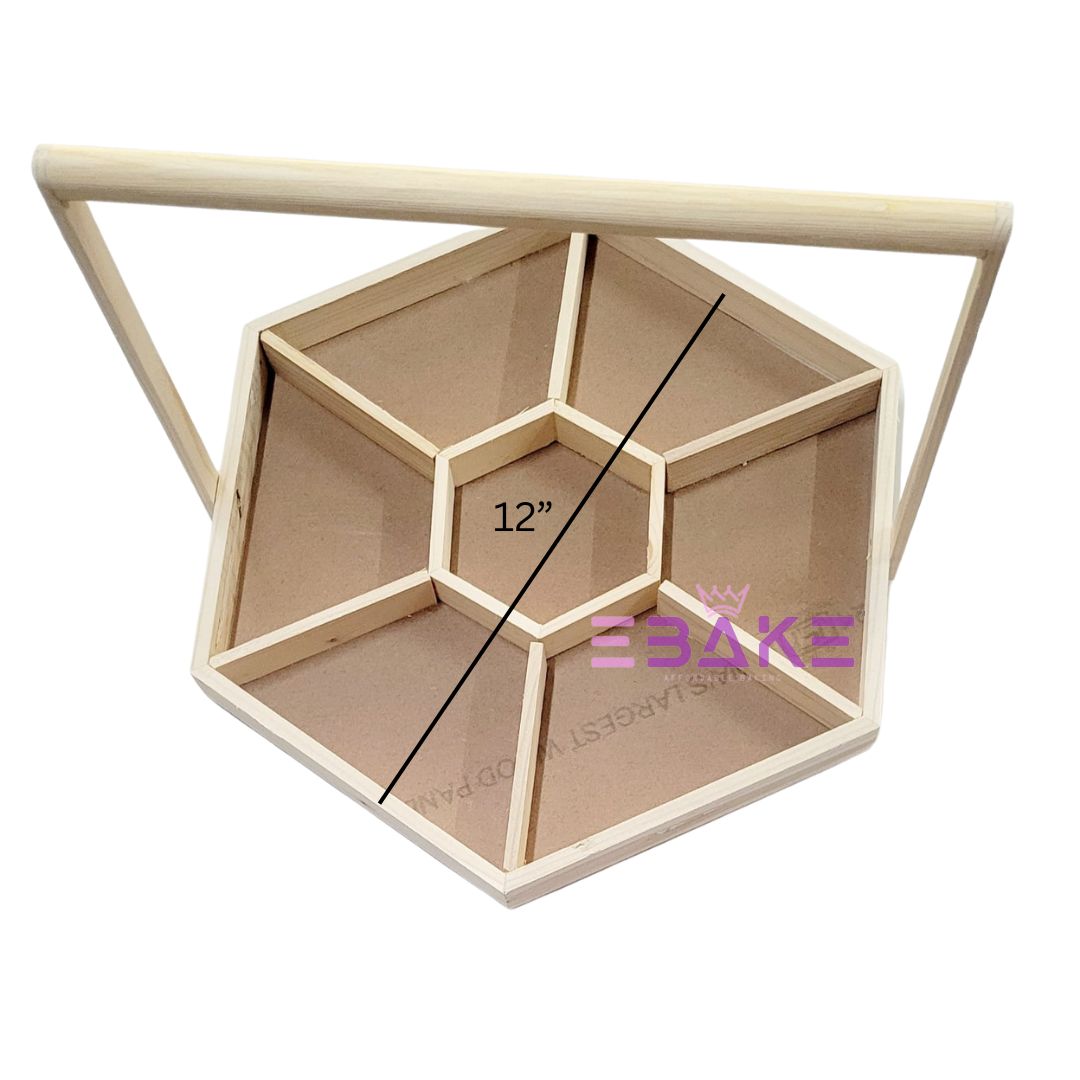 Pinewood Dry Fruit Tray / Hexagon Wooden Hamper Basket With Handle